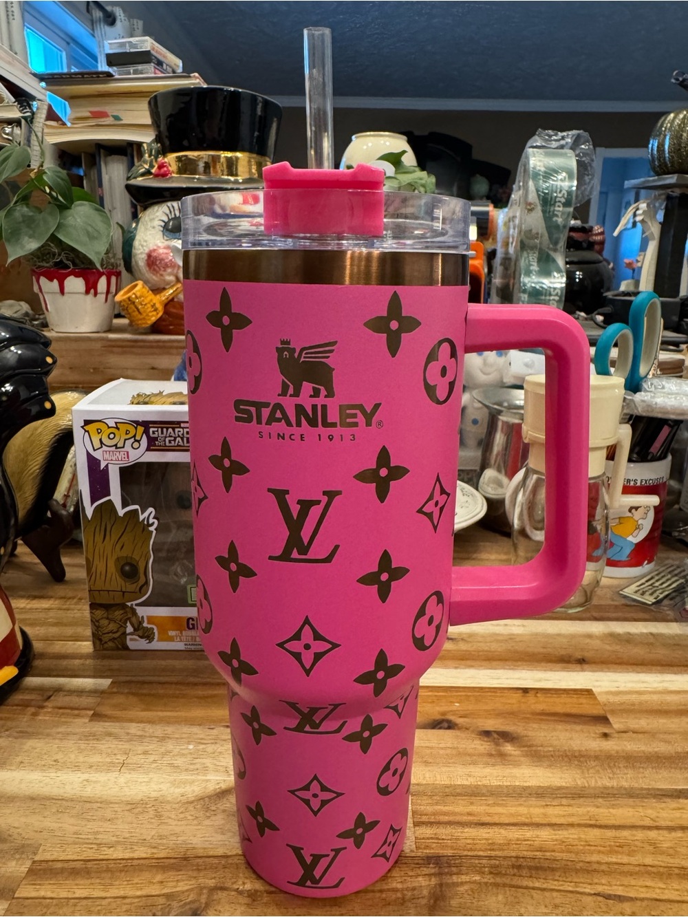 Stanley Pink Travel Tumbler with Handle and Designer Pattern Luxe Gold Undertone